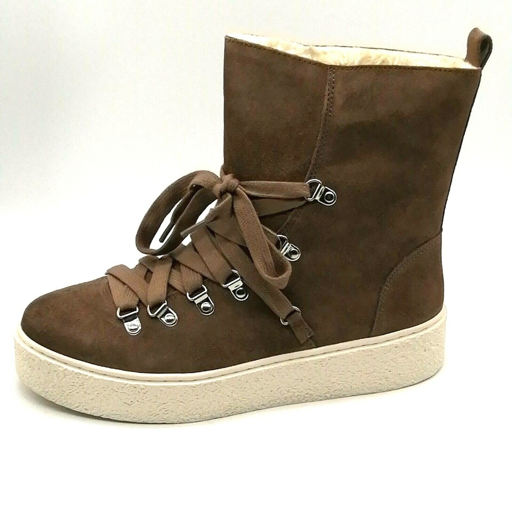 J/Slides Shoes Womens Bolt Platform Ankle Boot Taupe Laces Fur Lined 9 NEW